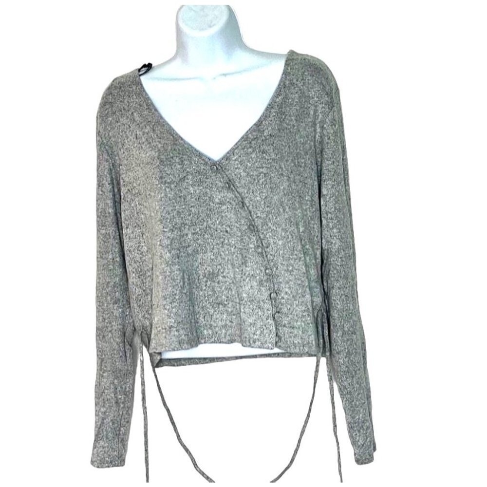 Forever 21+ Gray Cropped V-Neck Wrap Tie Cardigan Sweater